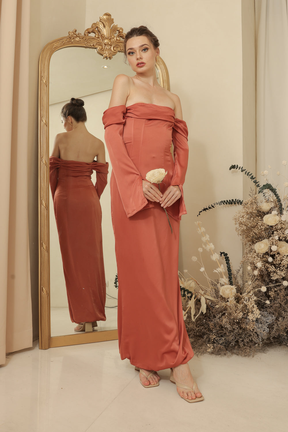 PARIS Off Shoulder Sleeve Maxi Dress (Rust Silk Crepe)