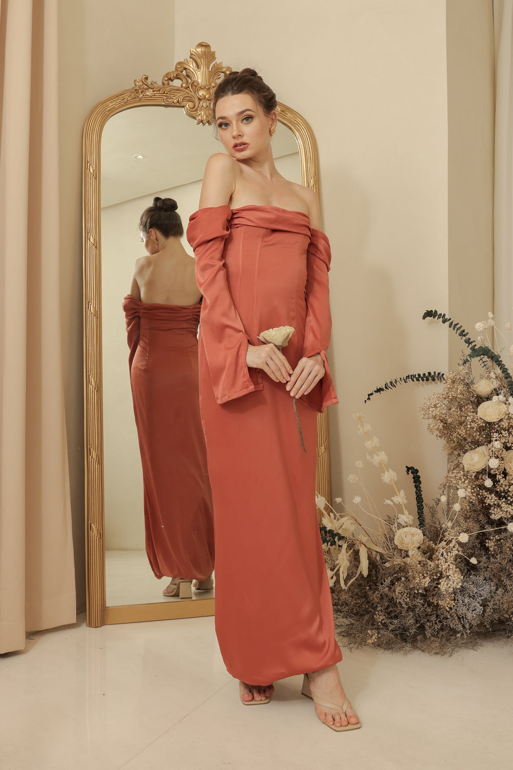 PARIS Off Shoulder Sleeve Maxi Dress (Rust Silk Crepe)