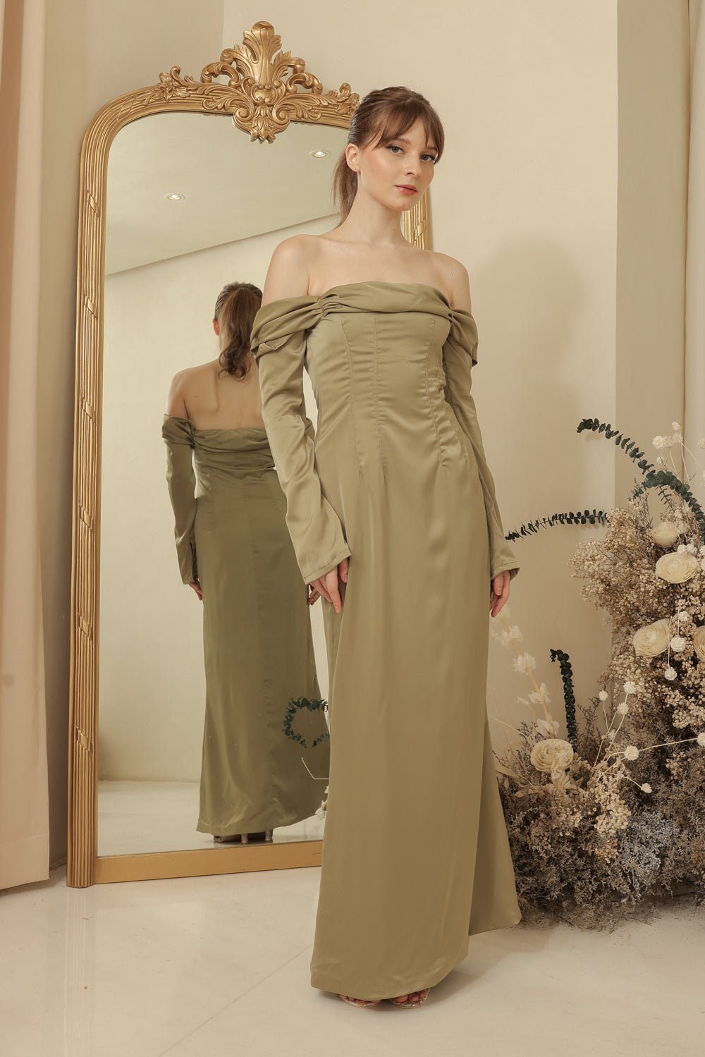 PARIS Off Shoulder Sleeve Maxi Dress (Olive Silk Crepe)