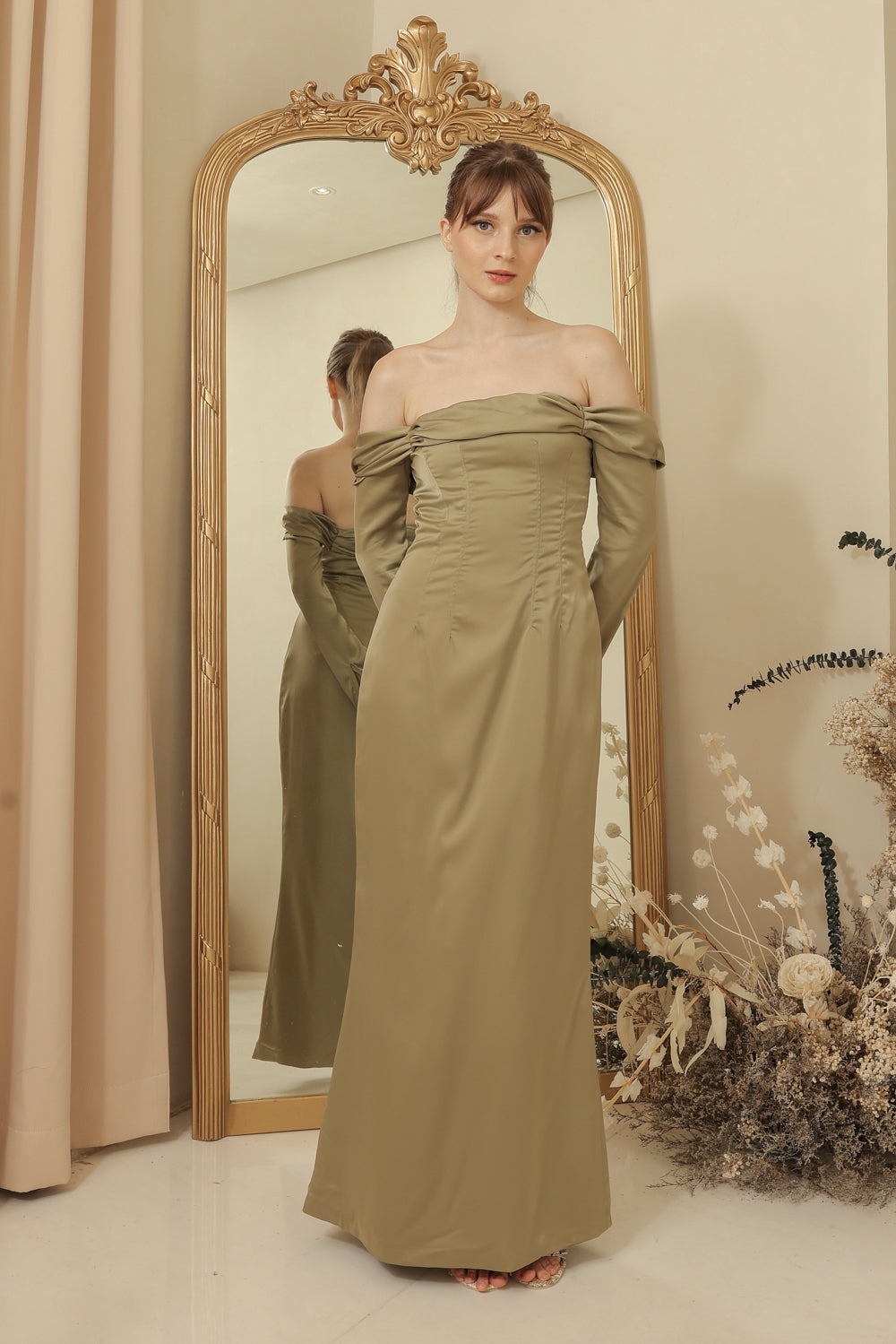 PARIS Off Shoulder Sleeve Maxi Dress (Olive Silk Crepe)