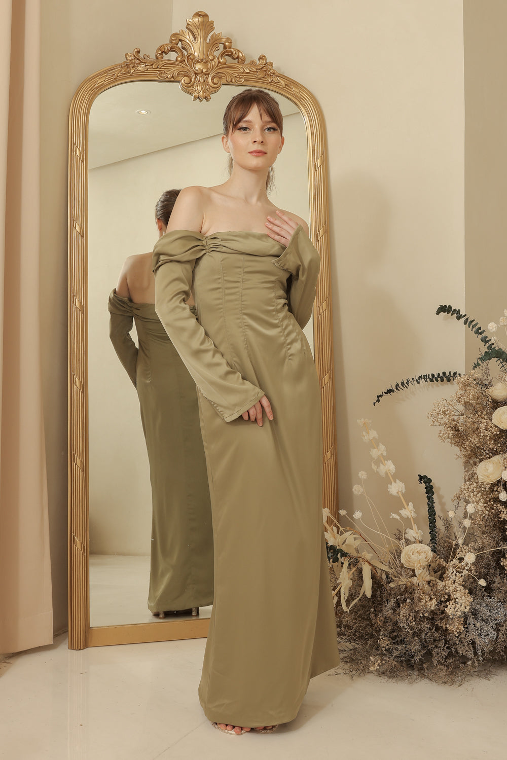 PARIS Off Shoulder Sleeve Maxi Dress (Olive Silk Crepe)