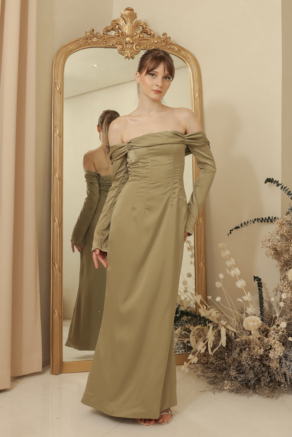 PARIS Off Shoulder Sleeve Maxi Dress (Olive Silk Crepe)