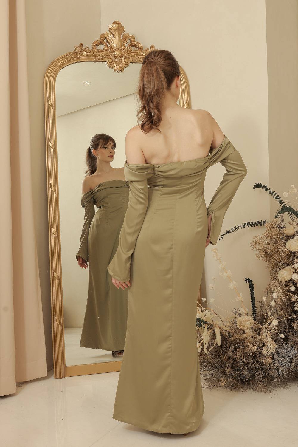 PARIS Off Shoulder Sleeve Maxi Dress (Olive Silk Crepe)