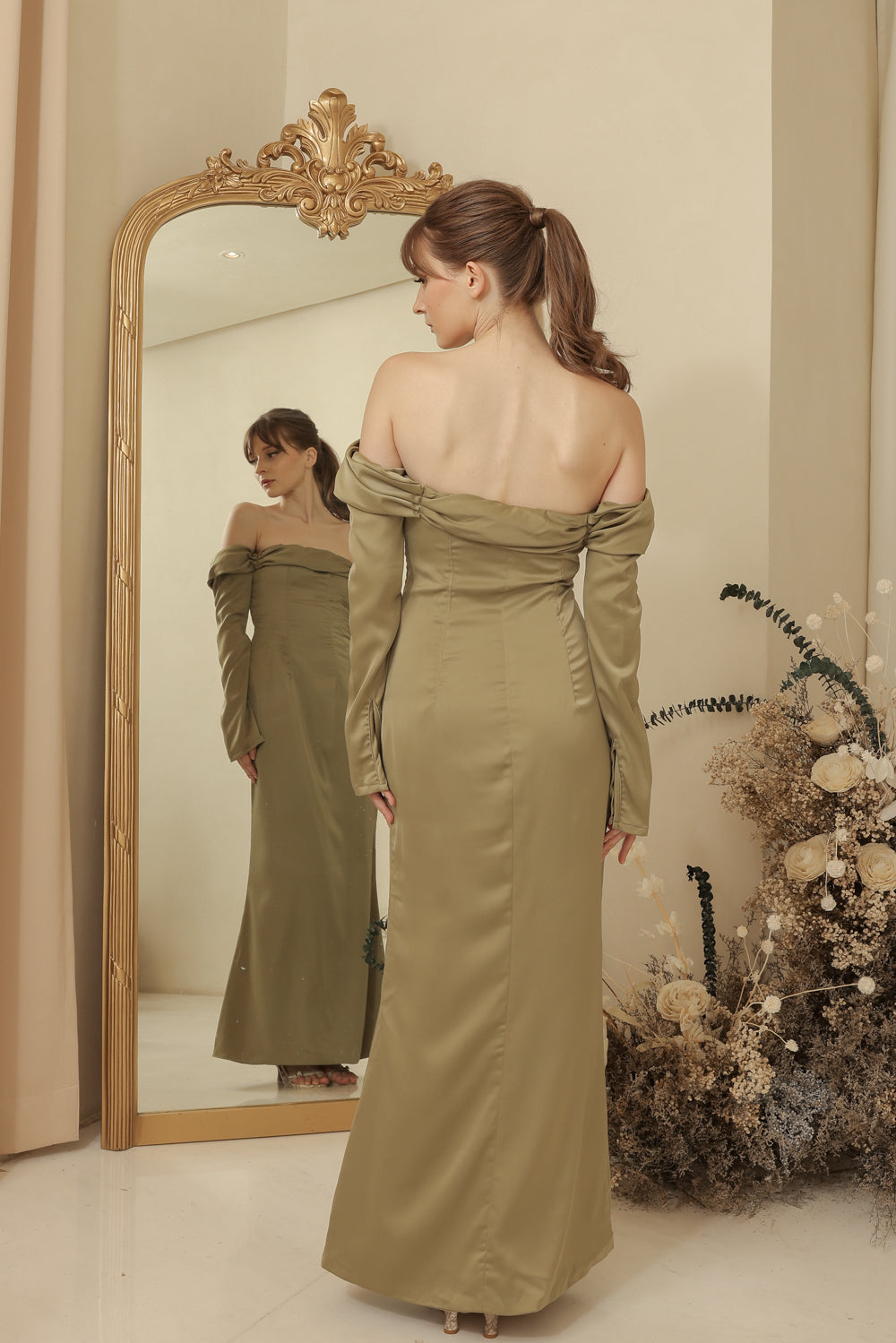 PARIS Off Shoulder Sleeve Maxi Dress (Olive Silk Crepe)