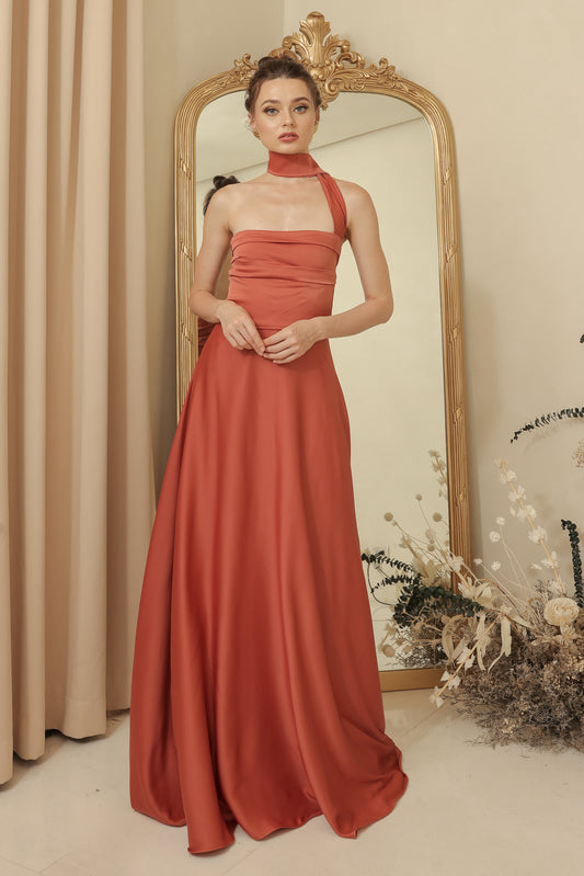 SAINT TROPEZ Strapless Pleated Maxi Dress with Neck Wrap (Rust Silk Crepe)