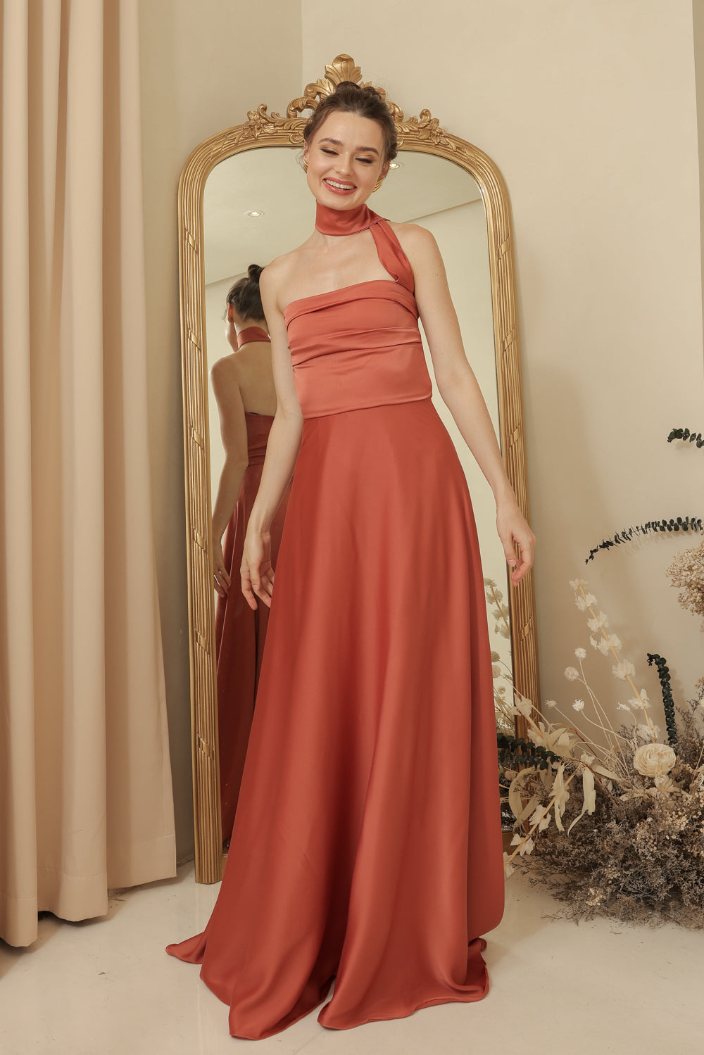 SAINT TROPEZ Strapless Pleated Maxi Dress with Neck Wrap (Rust Silk Crepe)