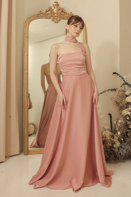 SAINT TROPEZ Strapless Pleated Maxi Dress with Neck Wrap (Old Rose Silk Crepe)