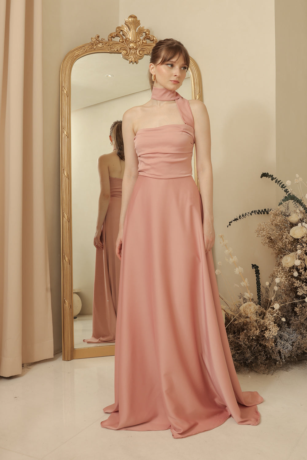 SAINT TROPEZ Strapless Pleated Maxi Dress with Neck Wrap (Old Rose Silk Crepe)