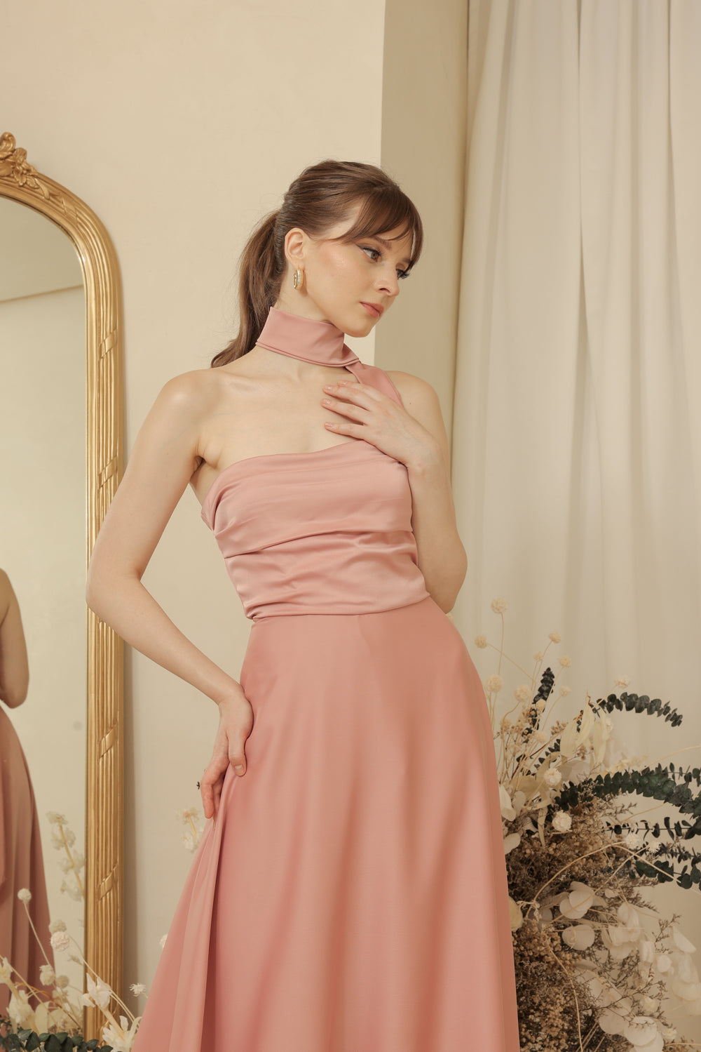 SAINT TROPEZ Strapless Pleated Maxi Dress with Neck Wrap (Old Rose Silk Crepe)