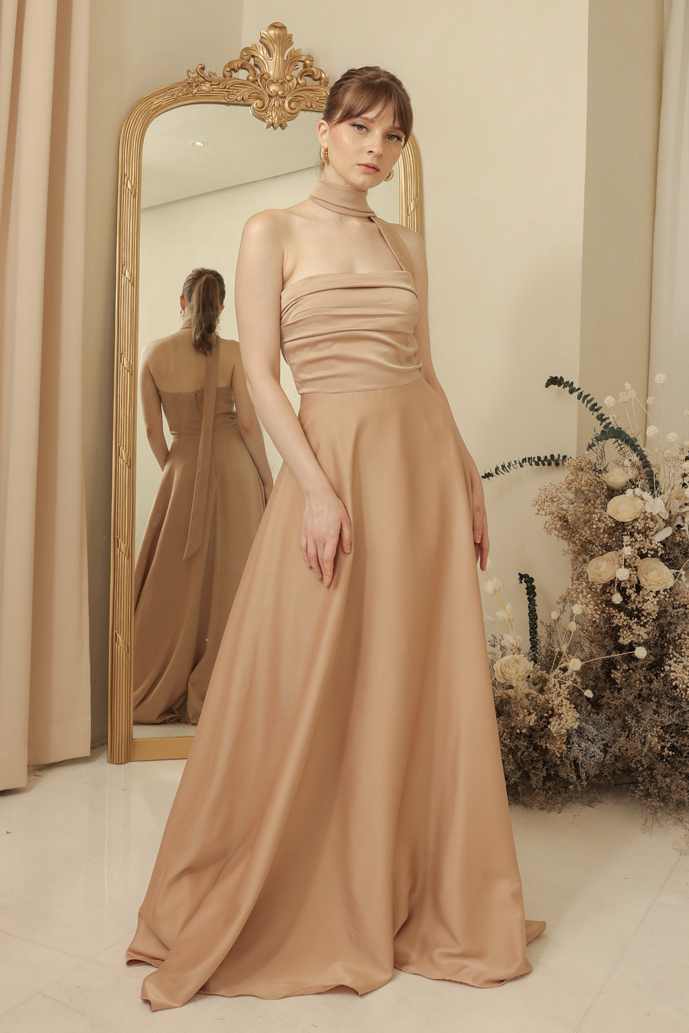 SAINT TROPEZ Strapless Pleated Maxi Dress with Neck Wrap (Tan Silk Crepe)