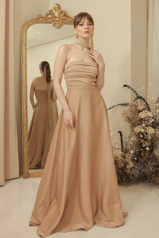 SAINT TROPEZ Strapless Pleated Maxi Dress with Neck Wrap (Tan Silk Crepe)