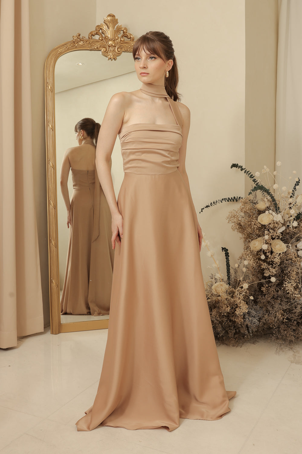 SAINT TROPEZ Strapless Pleated Maxi Dress with Neck Wrap (Tan Silk Crepe)