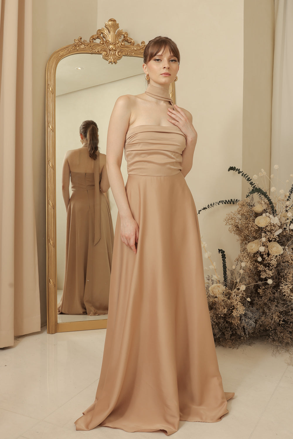 SAINT TROPEZ Strapless Pleated Maxi Dress with Neck Wrap (Tan Silk Crepe)