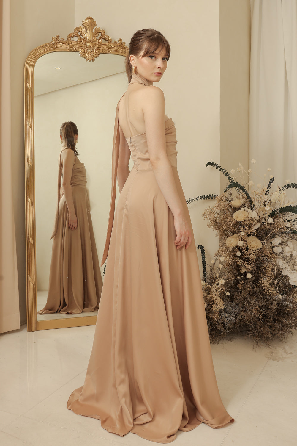 SAINT TROPEZ Strapless Pleated Maxi Dress with Neck Wrap (Tan Silk Crepe)