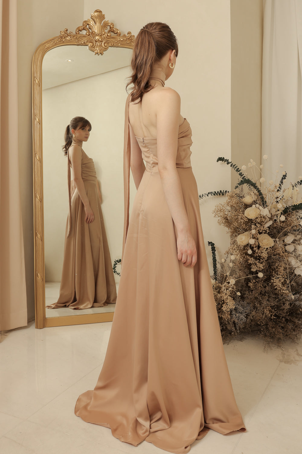 SAINT TROPEZ Strapless Pleated Maxi Dress with Neck Wrap (Tan Silk Crepe)