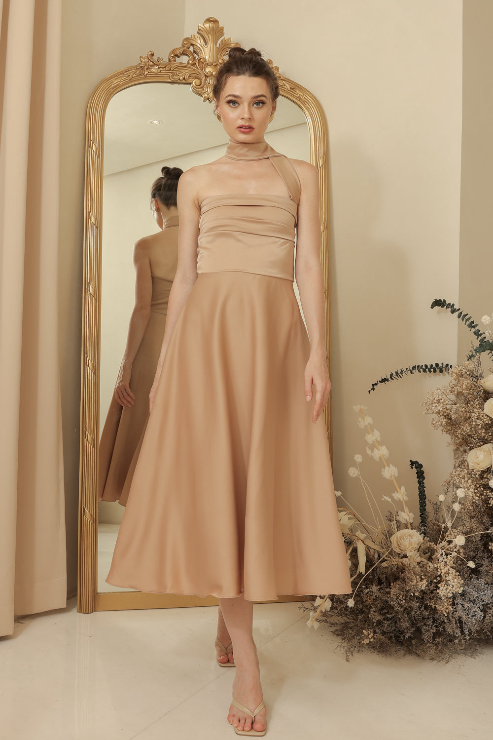 LYA Strapless Pleated Midi Dress with Neck Wrap (Tan Silk Crepe)