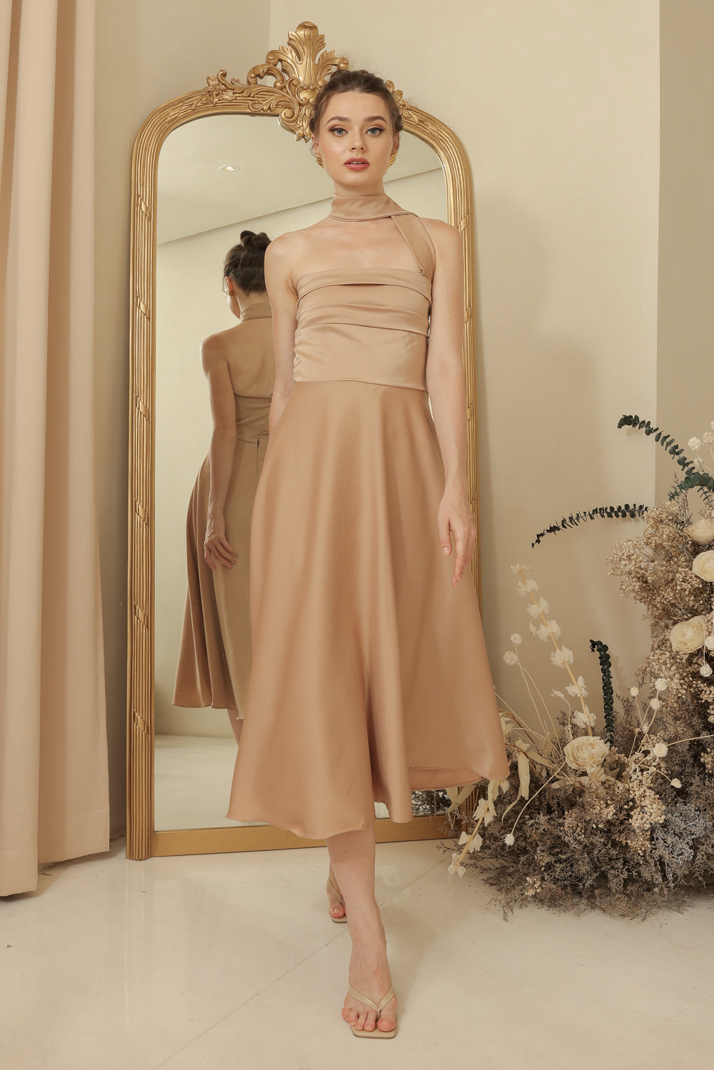 LYA Strapless Pleated Midi Dress with Neck Wrap (Tan Silk Crepe)