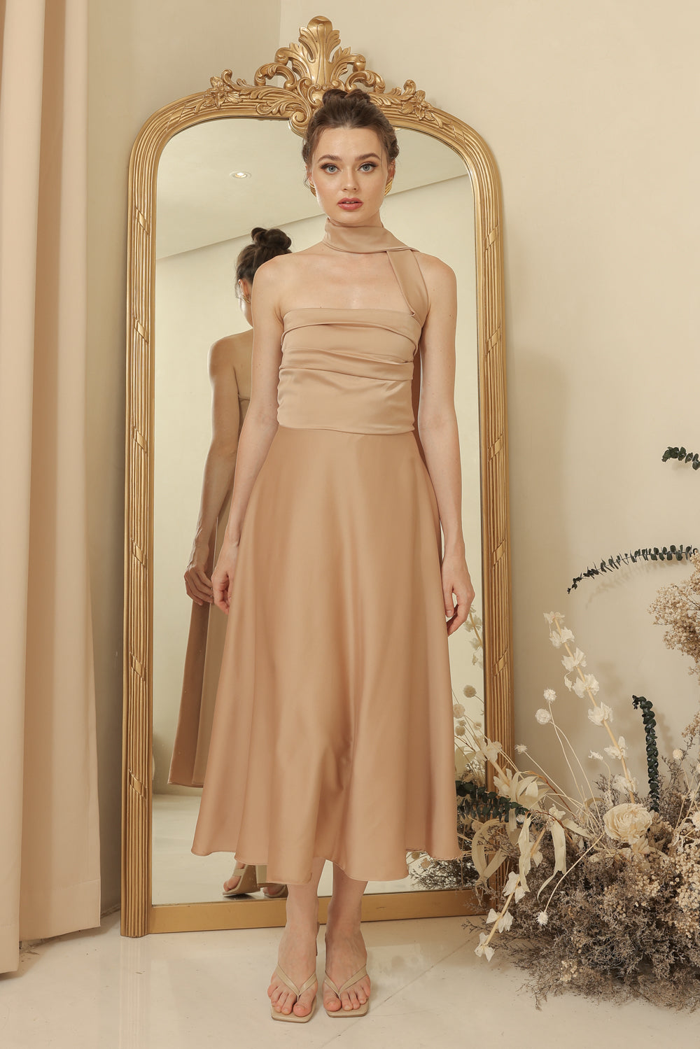 LYA Strapless Pleated Midi Dress with Neck Wrap (Tan Silk Crepe)