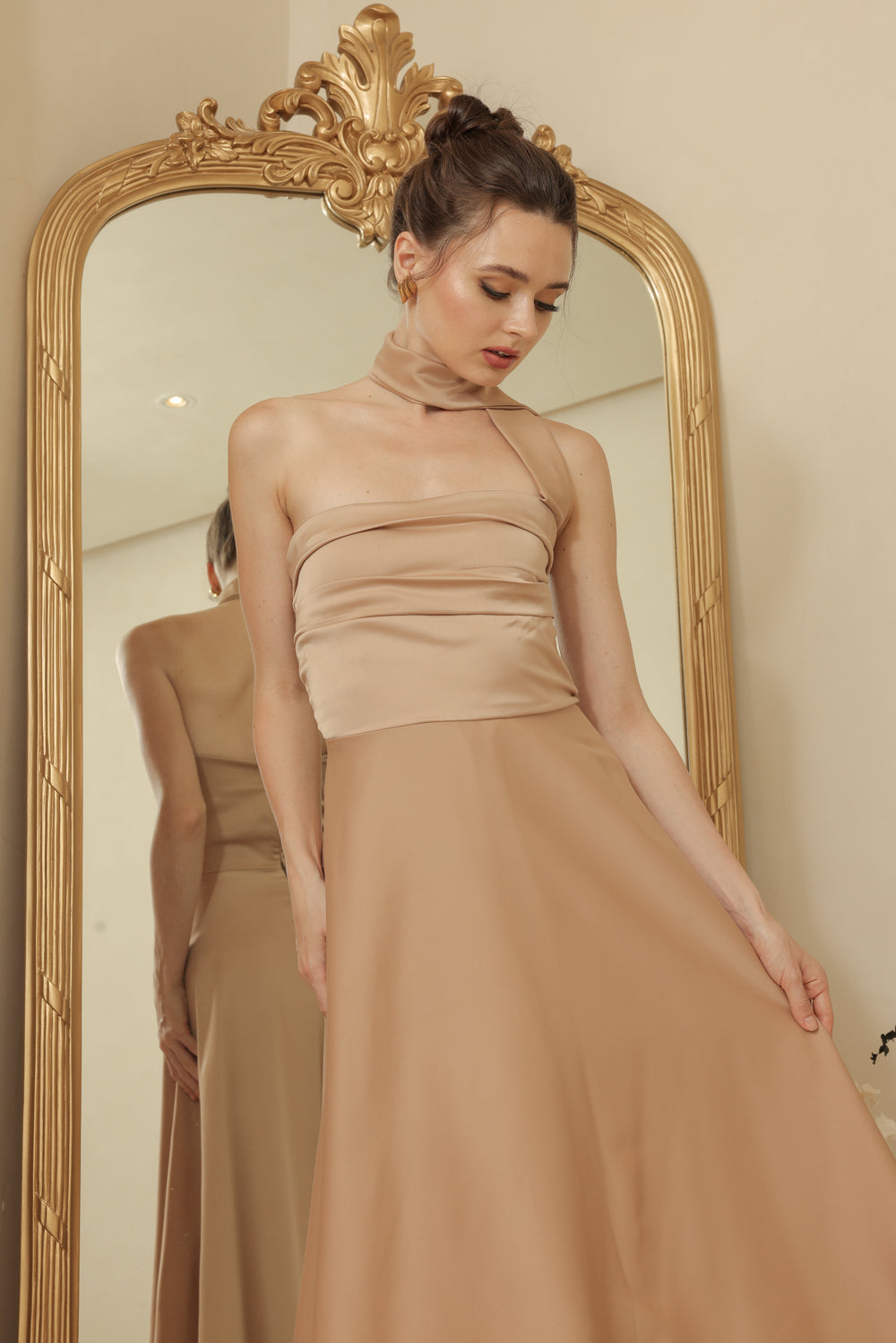 LYA Strapless Pleated Midi Dress with Neck Wrap (Tan Silk Crepe)