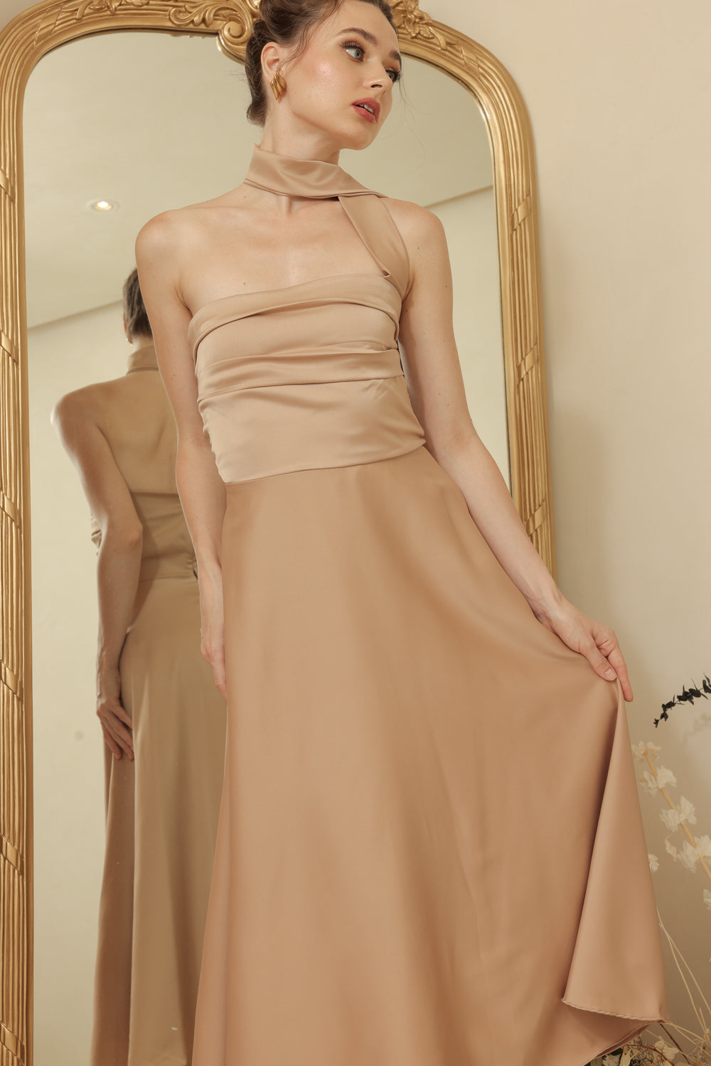 LYA Strapless Pleated Midi Dress with Neck Wrap (Tan Silk Crepe)