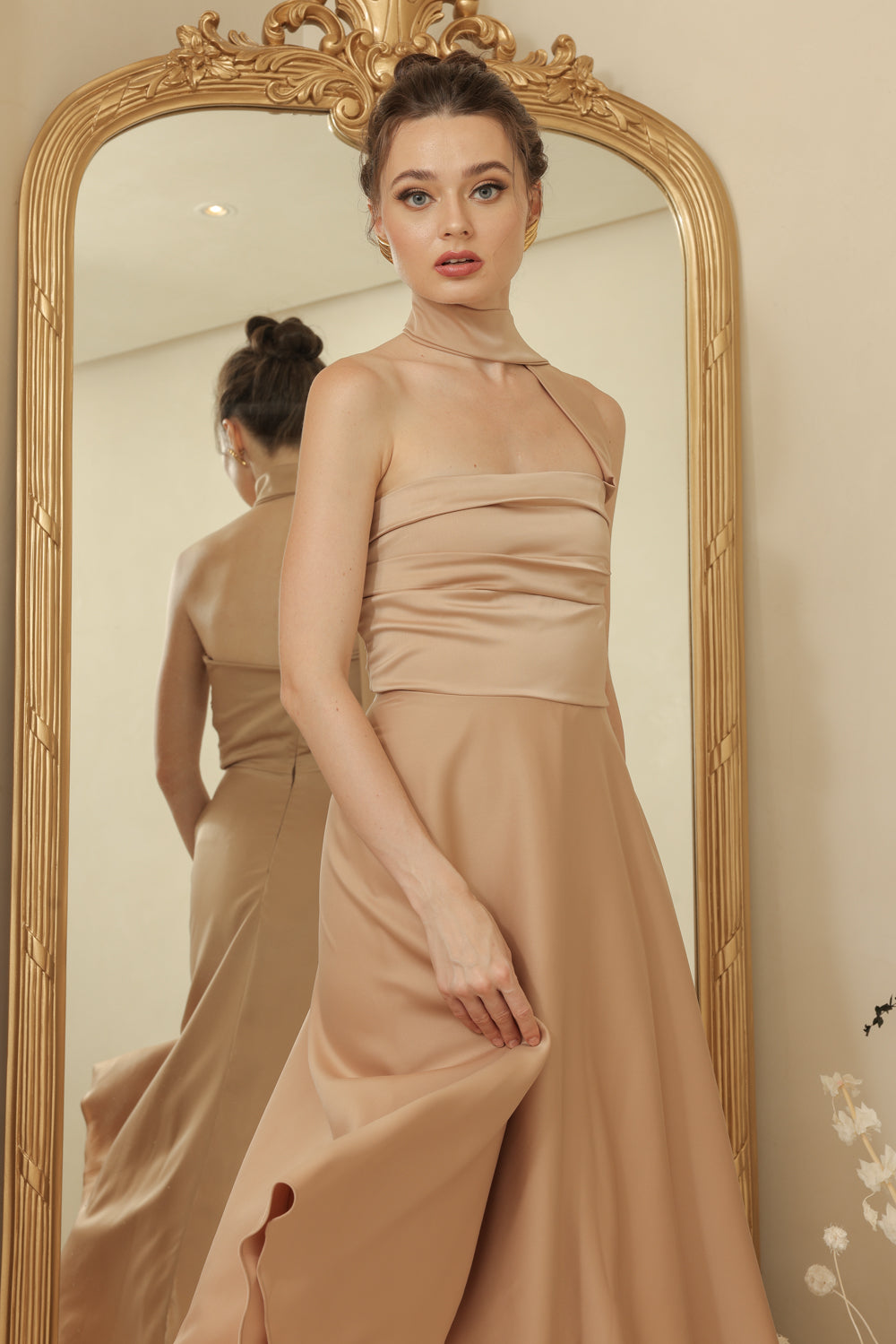 LYA Strapless Pleated Midi Dress with Neck Wrap (Tan Silk Crepe)