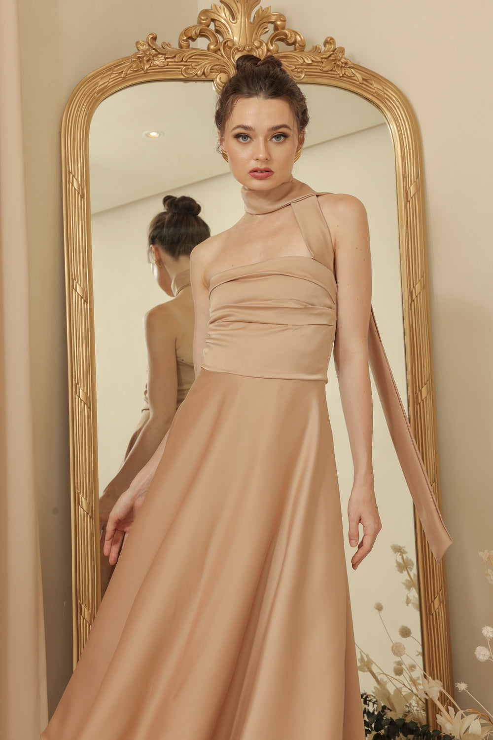 LYA Strapless Pleated Midi Dress with Neck Wrap (Tan Silk Crepe)