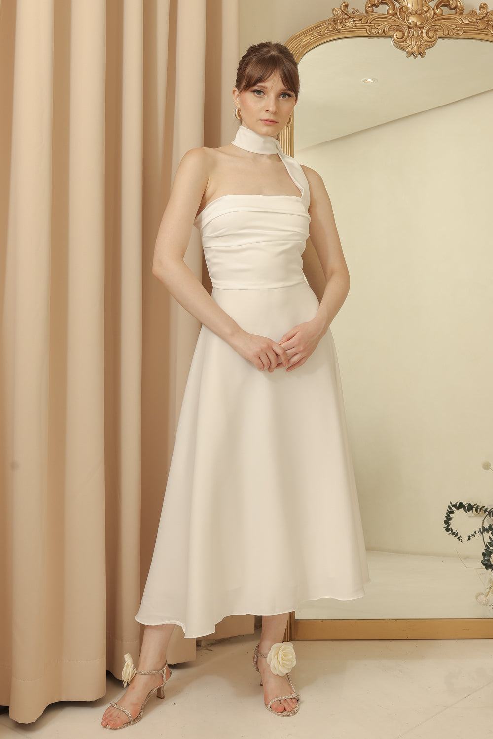 LYA Strapless Pleated Midi Dress with Neck Wrap (Ivory White Silk Crepe)