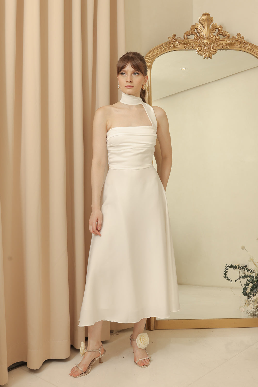 LYA Strapless Pleated Midi Dress with Neck Wrap (Ivory White Silk Crepe)