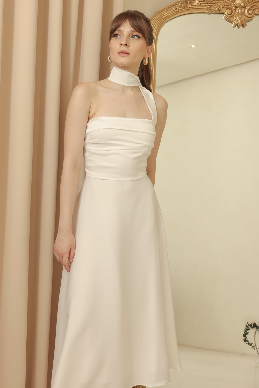 LYA Strapless Pleated Midi Dress with Neck Wrap (Ivory White Silk Crepe)