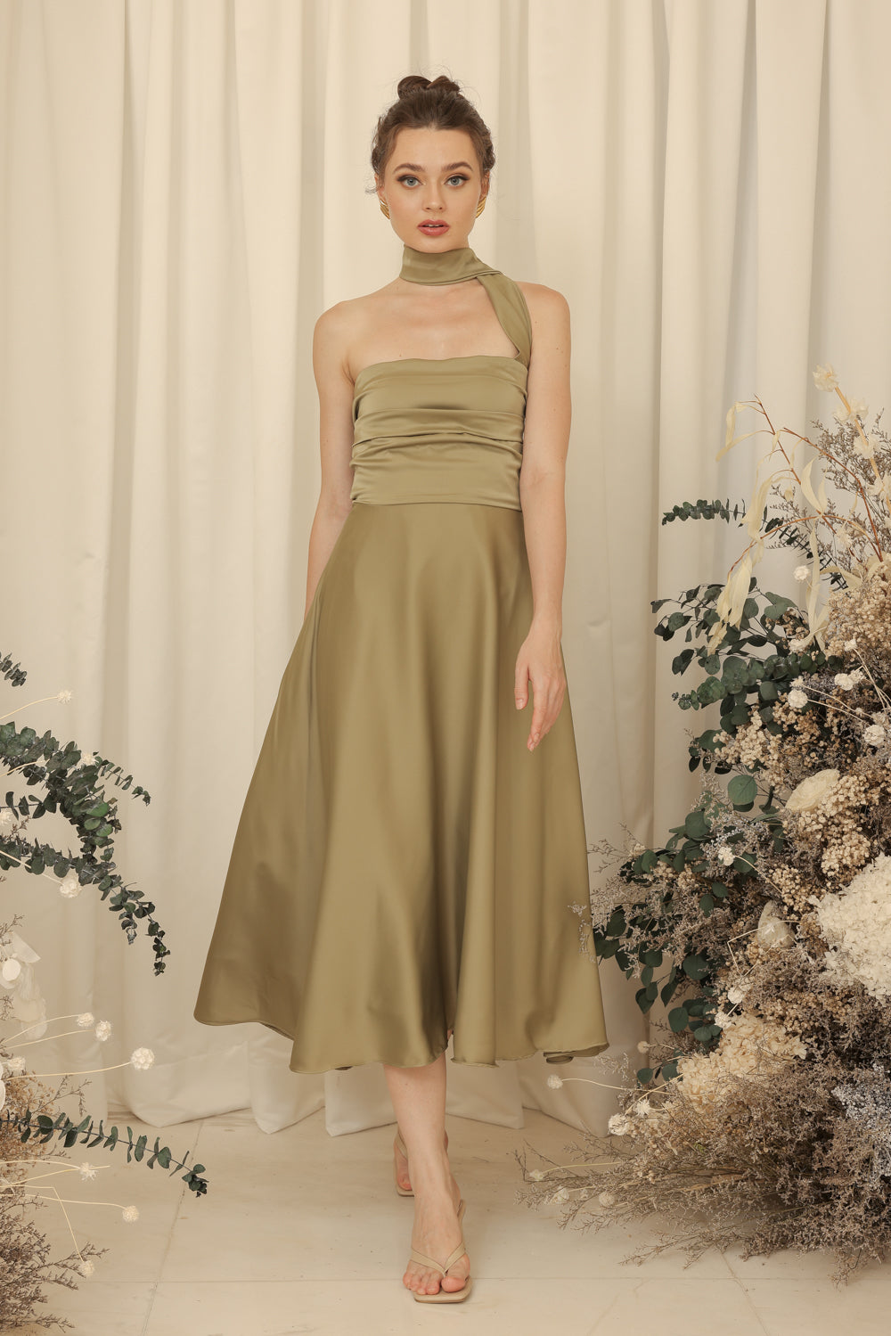 LYA Strapless Pleated Midi Dress with Neck Wrap (Olive Green Silk Crepe)