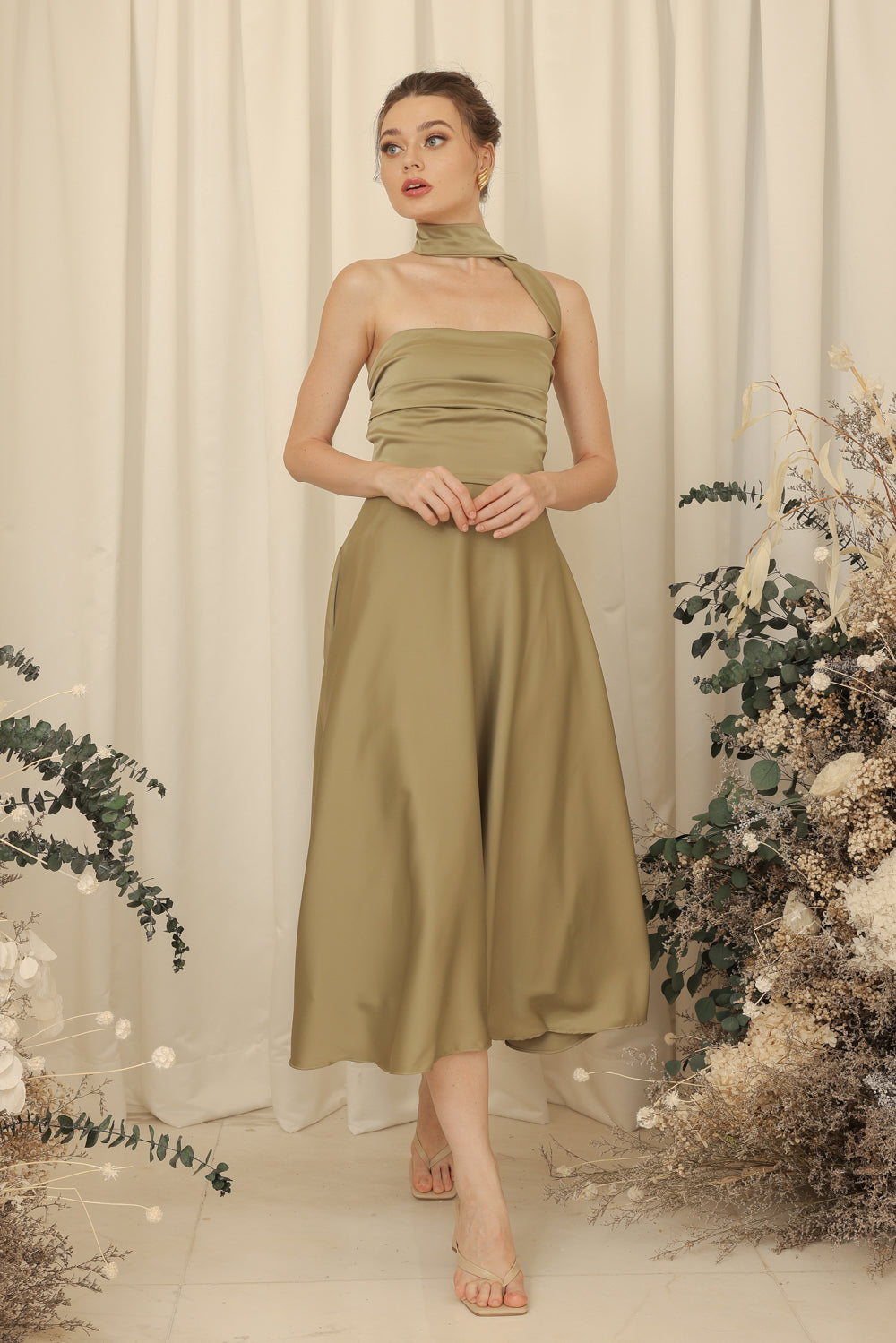 LYA Strapless Pleated Midi Dress with Neck Wrap (Olive Green Silk Crepe)