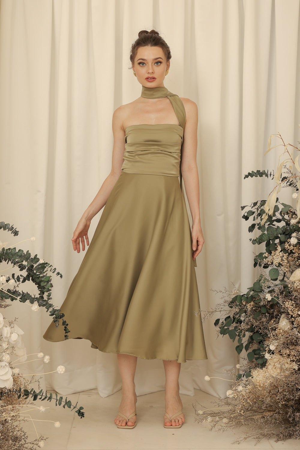 LYA Strapless Pleated Midi Dress with Neck Wrap (Olive Green Silk Crepe)