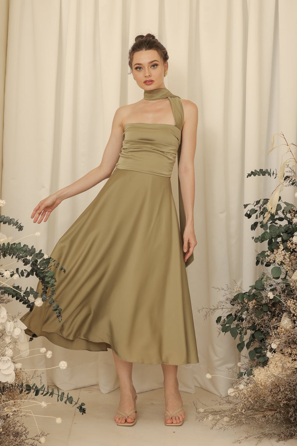 LYA Strapless Pleated Midi Dress with Neck Wrap (Olive Green Silk Crepe)