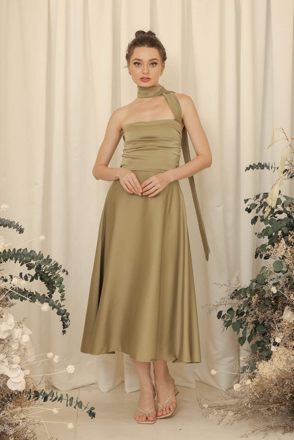 LYA Strapless Pleated Midi Dress with Neck Wrap (Olive Green Silk Crepe)