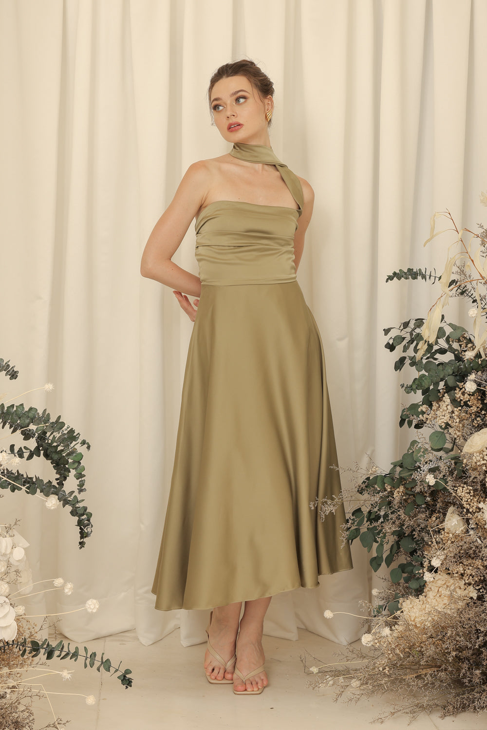 LYA Strapless Pleated Midi Dress with Neck Wrap (Olive Green Silk Crepe)