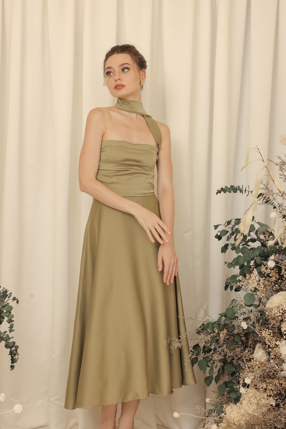 LYA Strapless Pleated Midi Dress with Neck Wrap (Olive Green Silk Crepe)