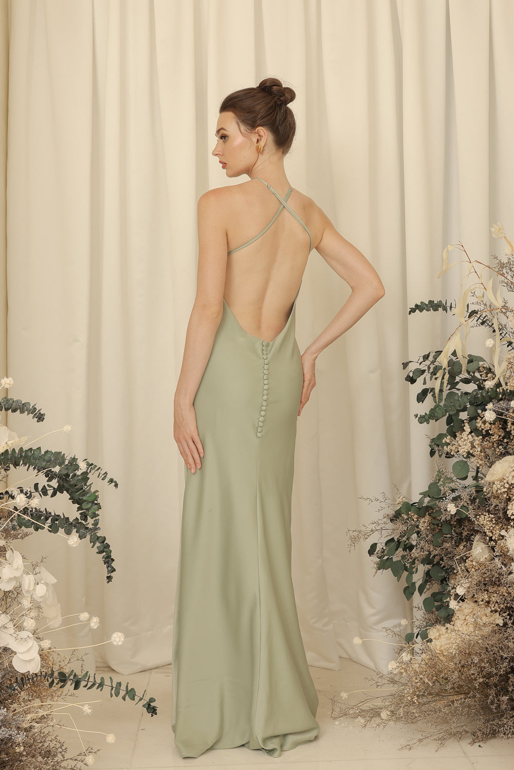 DESIREE Sleeveless Low Scoop Back Maxi Dress with Covered Button Detail (Light Sage Silk Crepe)