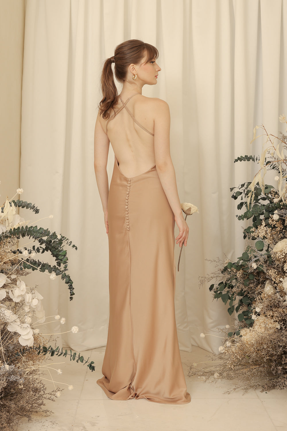 DESIREE Sleeveless Low Scoop Back Maxi Dress with Covered Button Detail (Light Tan Silk Crepe)