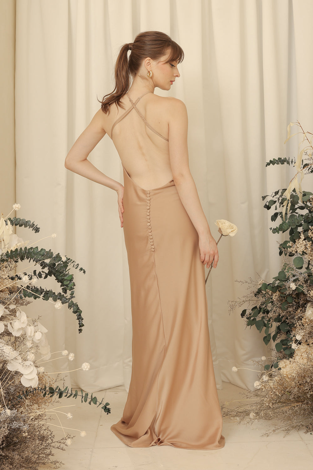 DESIREE Sleeveless Low Scoop Back Maxi Dress with Covered Button Detail (Light Tan Silk Crepe)