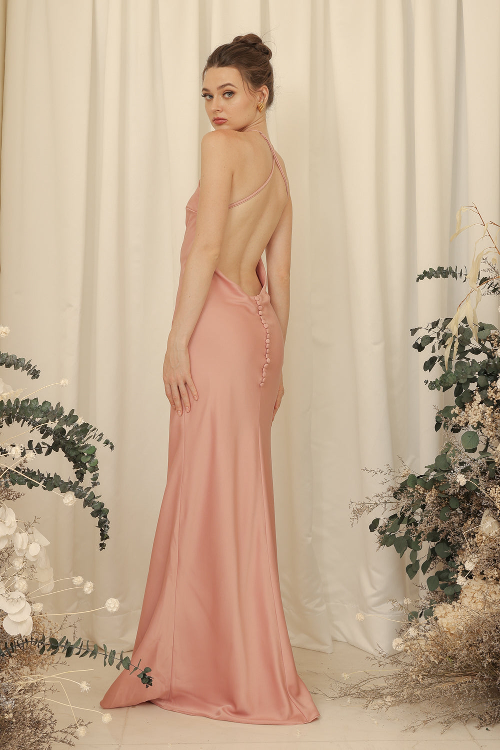 DESIREE Sleeveless Low Scoop Back Maxi Dress with Covered Button Detail (Old Rose Silk Crepe)