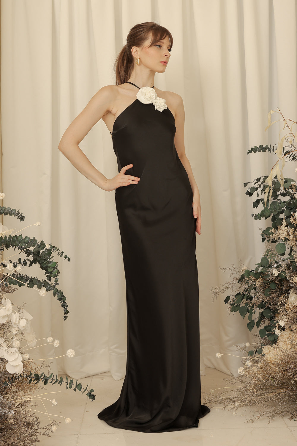 DIVINE  Sleeveless Low Scoop Back Maxi Dress with Covered Button Detail and Flower (Black Silk Crepe with White Flower)