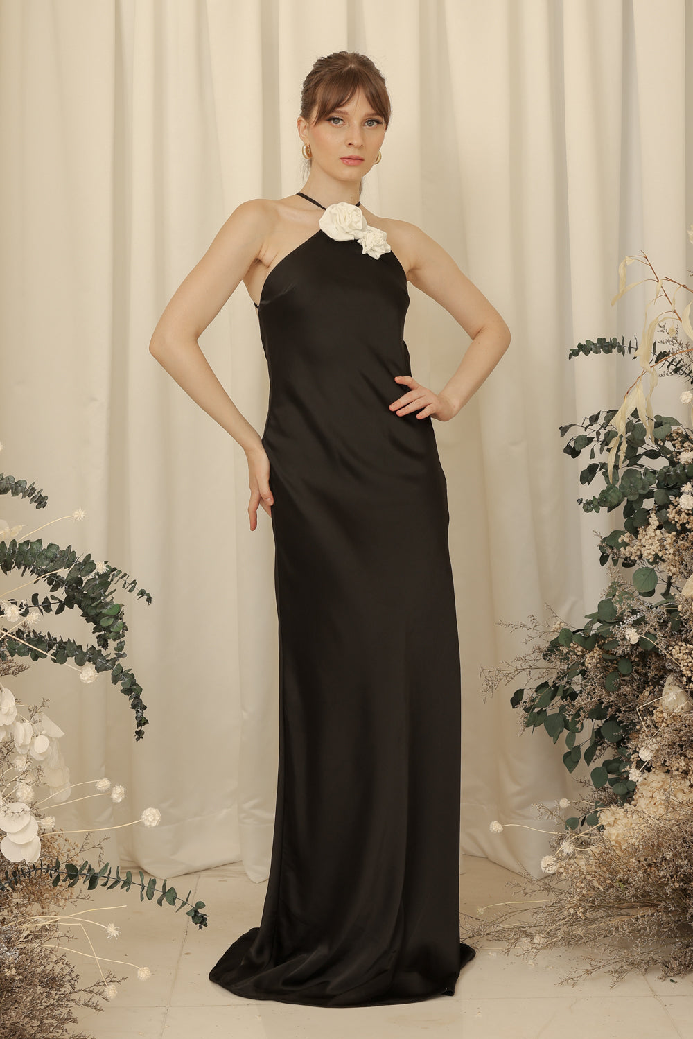 DIVINE  Sleeveless Low Scoop Back Maxi Dress with Covered Button Detail and Flower (Black Silk Crepe with White Flower)