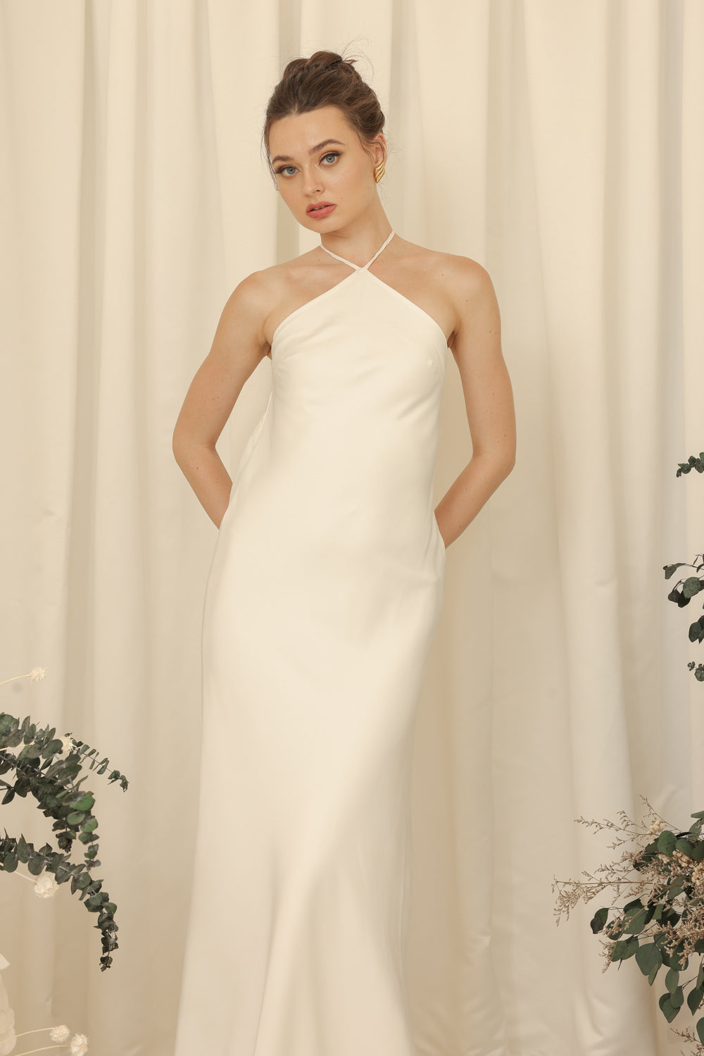 DESIREE Sleeveless Low Scoop Back Maxi Dress with Covered Button Detail (Ivory White Silk Crepe)