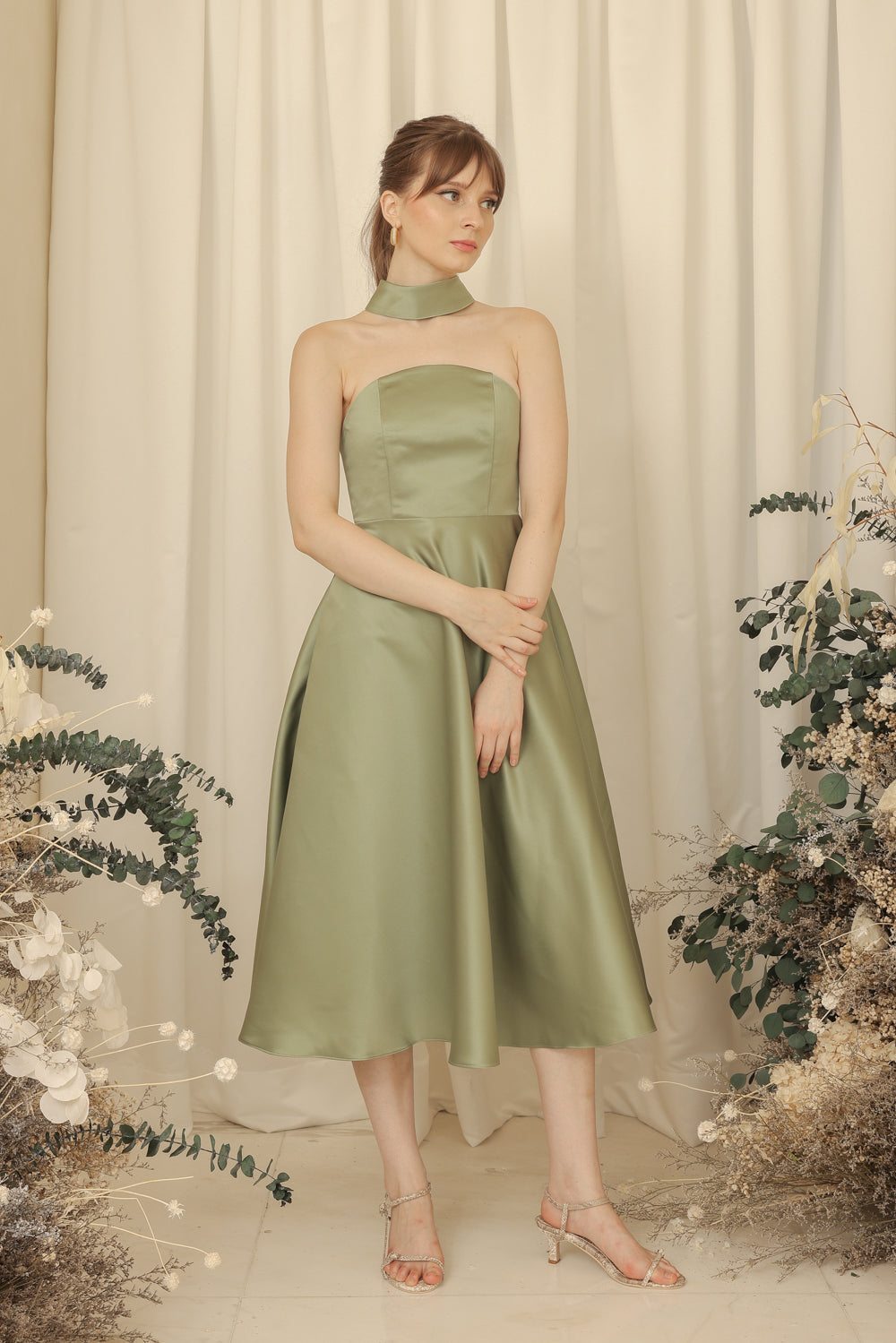 BRIELLE Curve Neckline Midi Dress with Full Covered Button Back and Tie Neckpiece (Olive Duchess Satin)