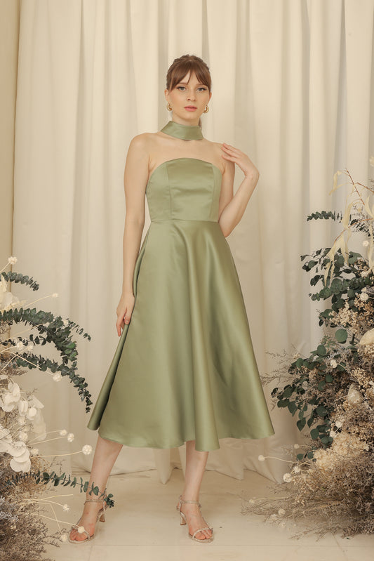 BRIELLE Curve Neckline Midi Dress with Full Covered Button Back and Tie Neckpiece (Olive Duchess Satin)