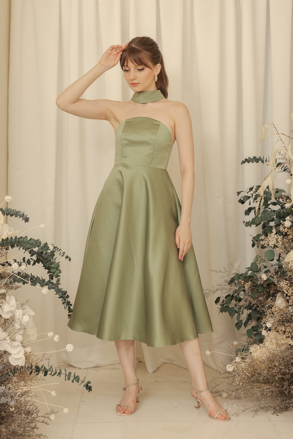 BRIELLE Curve Neckline Midi Dress with Full Covered Button Back and Tie Neckpiece (Olive Duchess Satin)