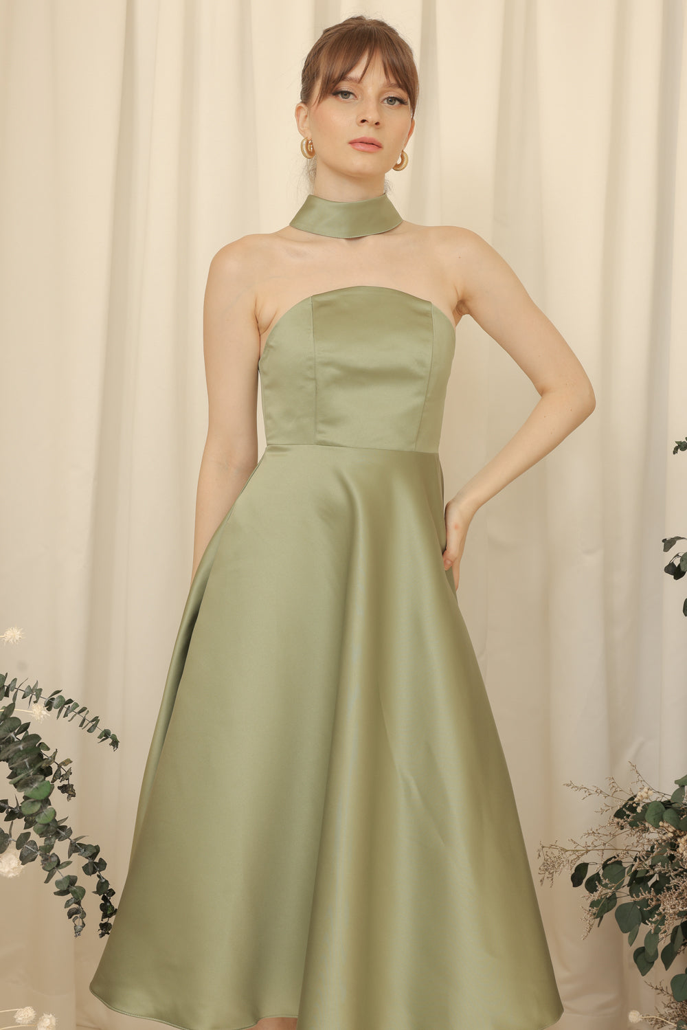 BRIELLE Curve Neckline Midi Dress with Full Covered Button Back and Tie Neckpiece (Olive Duchess Satin)