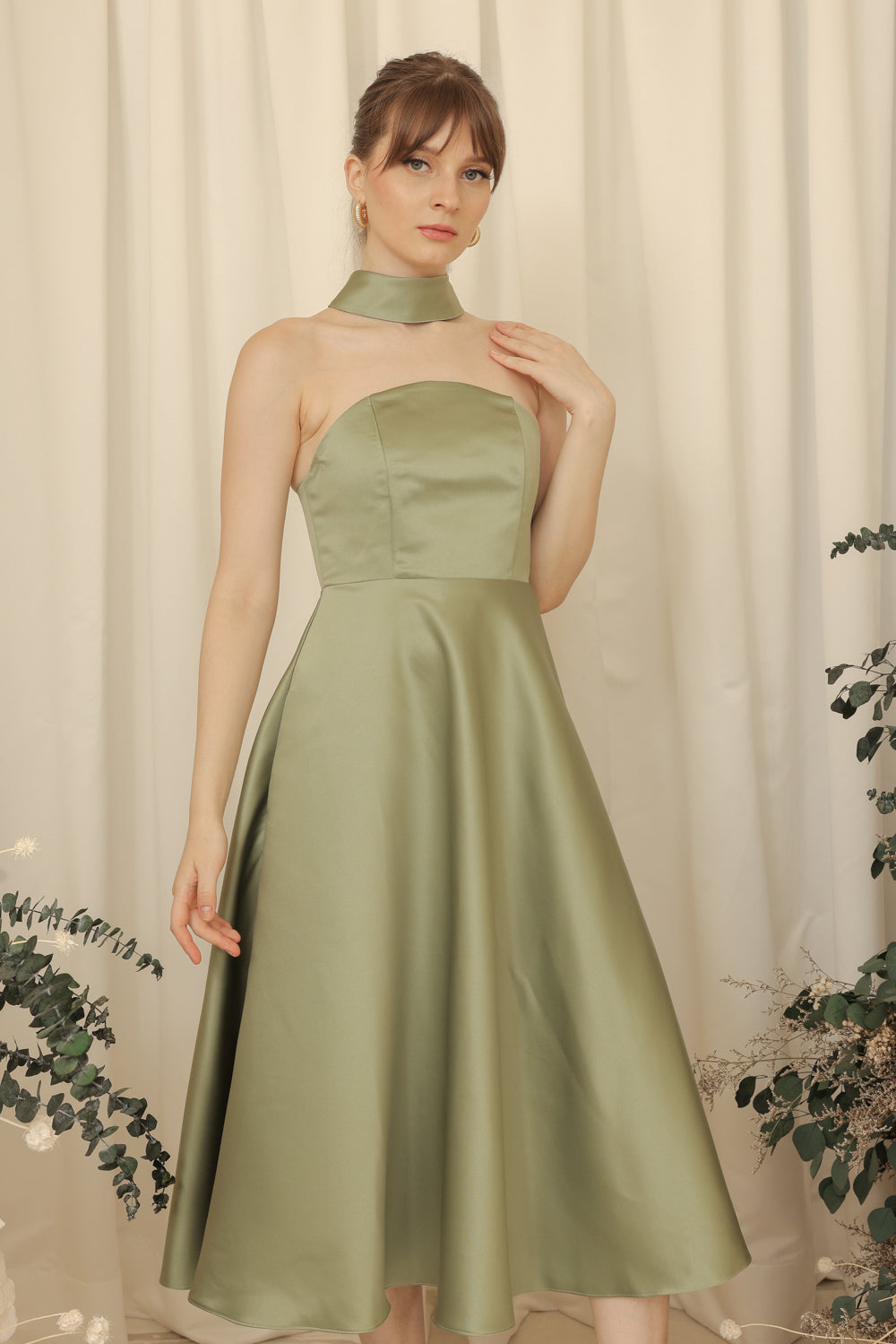 BRIELLE Curve Neckline Midi Dress with Full Covered Button Back and Tie Neckpiece (Olive Duchess Satin)