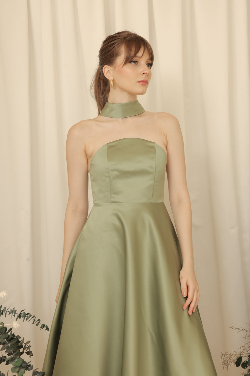 BRIELLE Curve Neckline Midi Dress with Full Covered Button Back and Tie Neckpiece (Olive Duchess Satin)