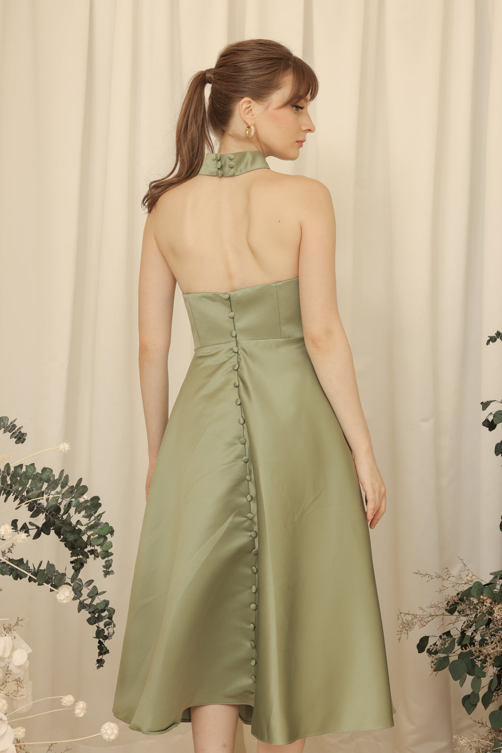 BRIELLE Curve Neckline Midi Dress with Full Covered Button Back and Tie Neckpiece (Olive Duchess Satin)